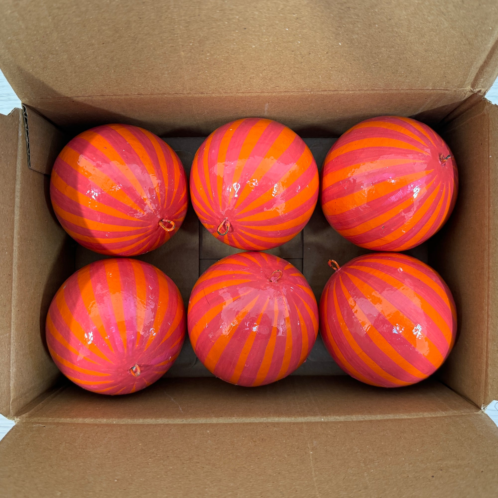 Papier Mache Stripe Magenta & Orange 7cm Bauble, Seconds Box of 6