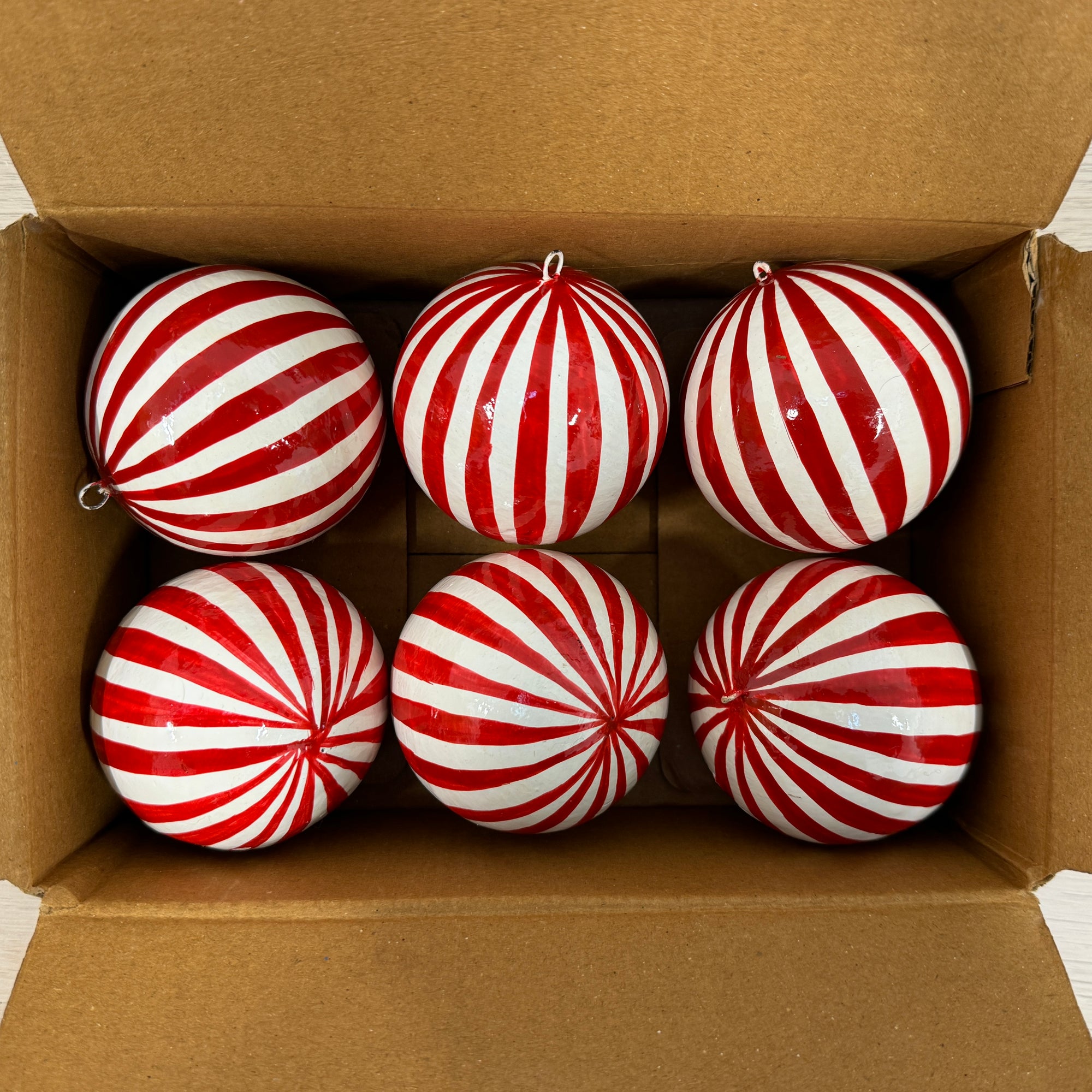 Papier Mache Stripe Red & Natural 7cm Bauble, Seconds Box of 6