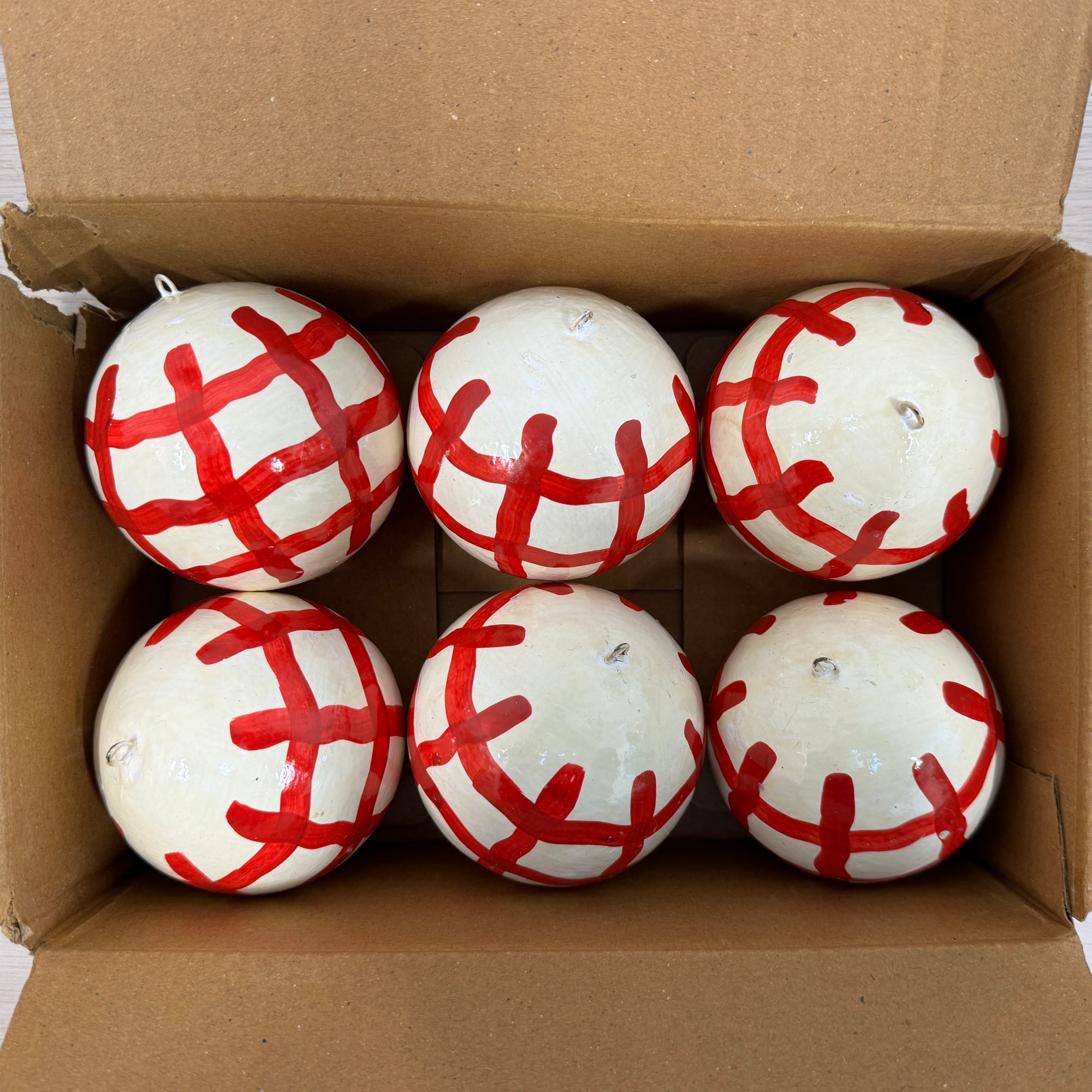 Papier Mache Red Check 7cm Bauble, Seconds Box of 6