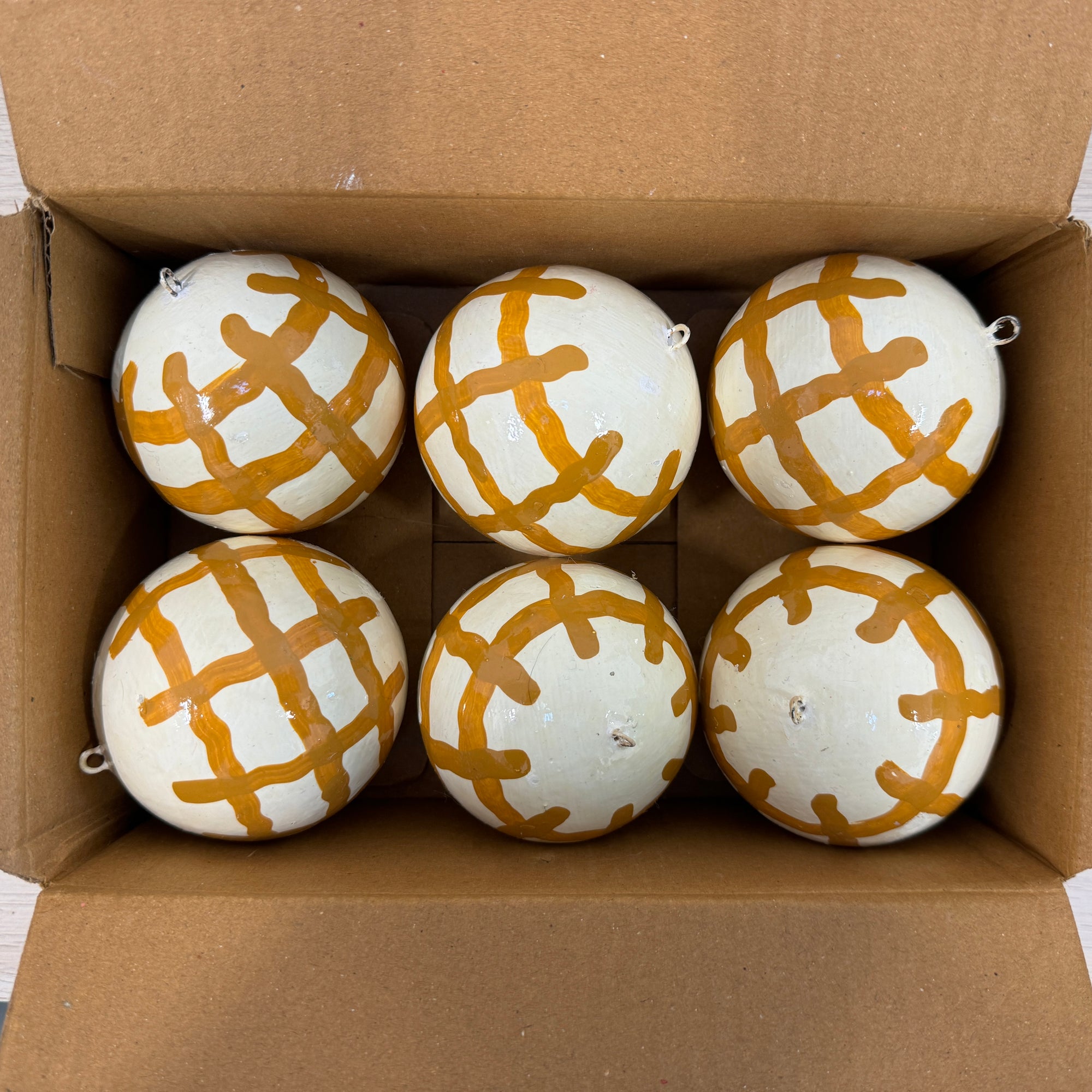 Papier Mache Ochre Check 7cm Bauble, Seconds Box of 6