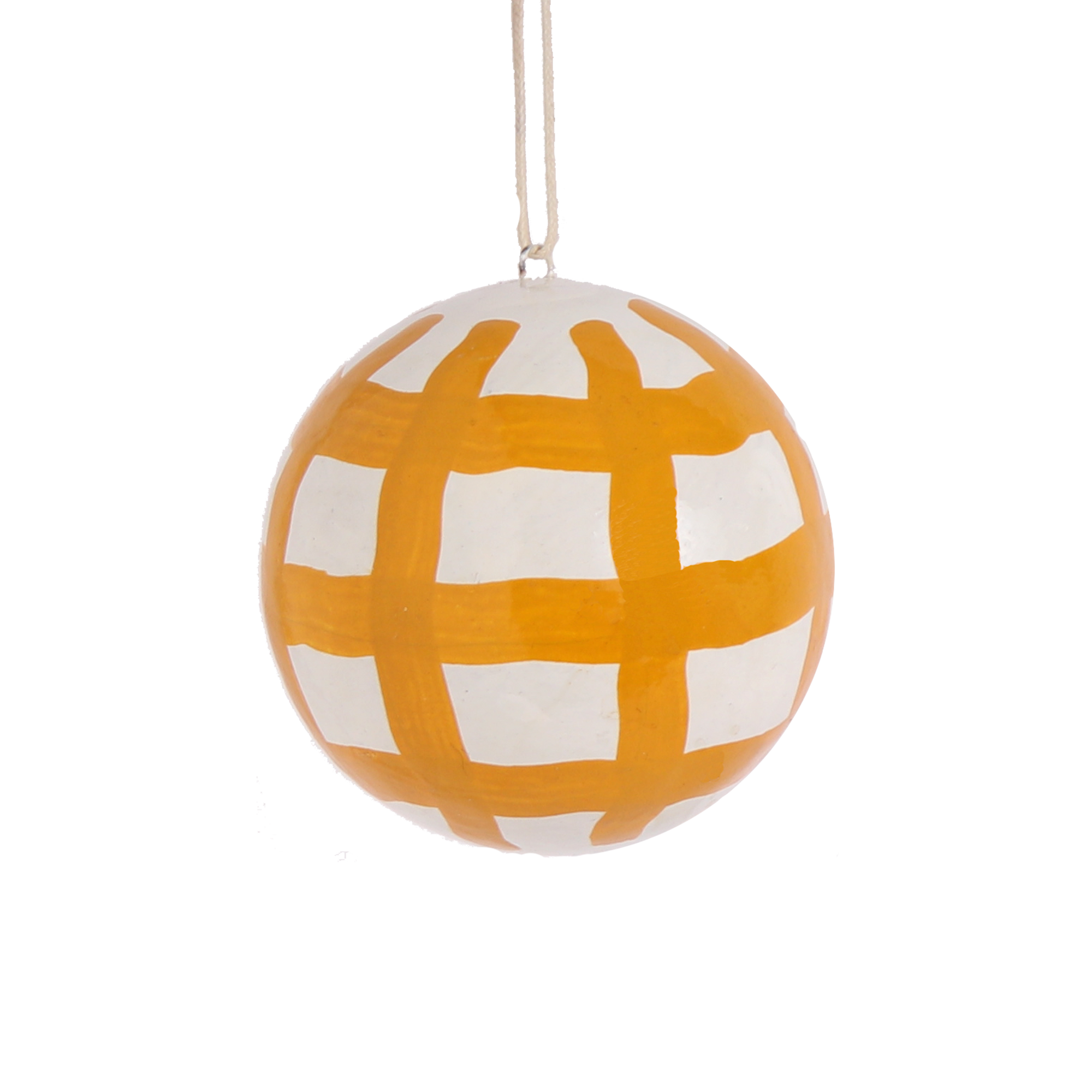 Papier Mache Ochre Check 7cm Bauble, Seconds Box of 6