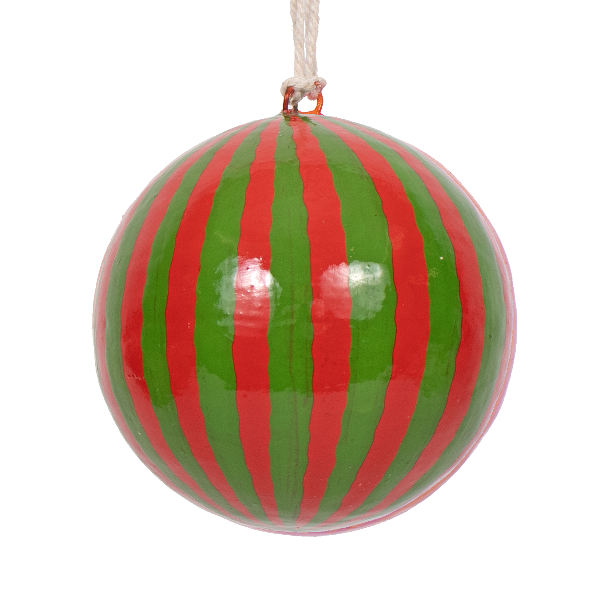 Papier Mache Stripe Bauble Red Green, 7cm