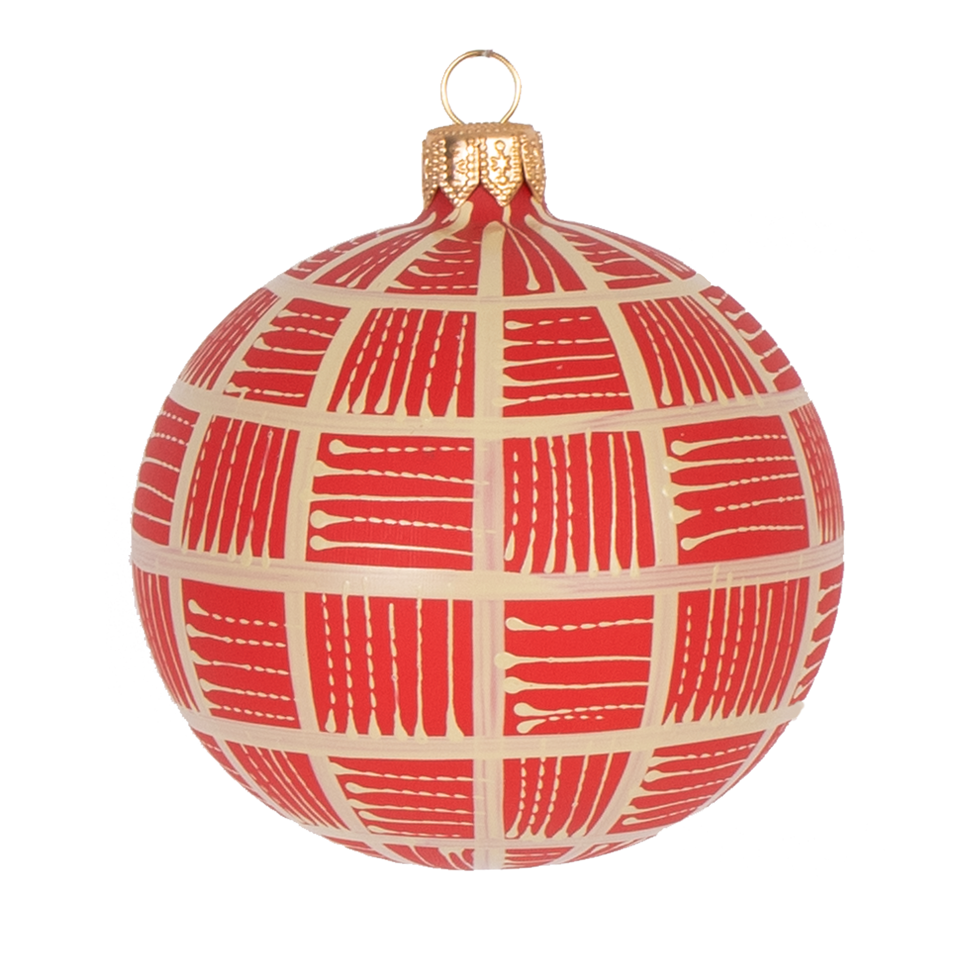 Lines Glass Bauble Natural on Red, 8cm