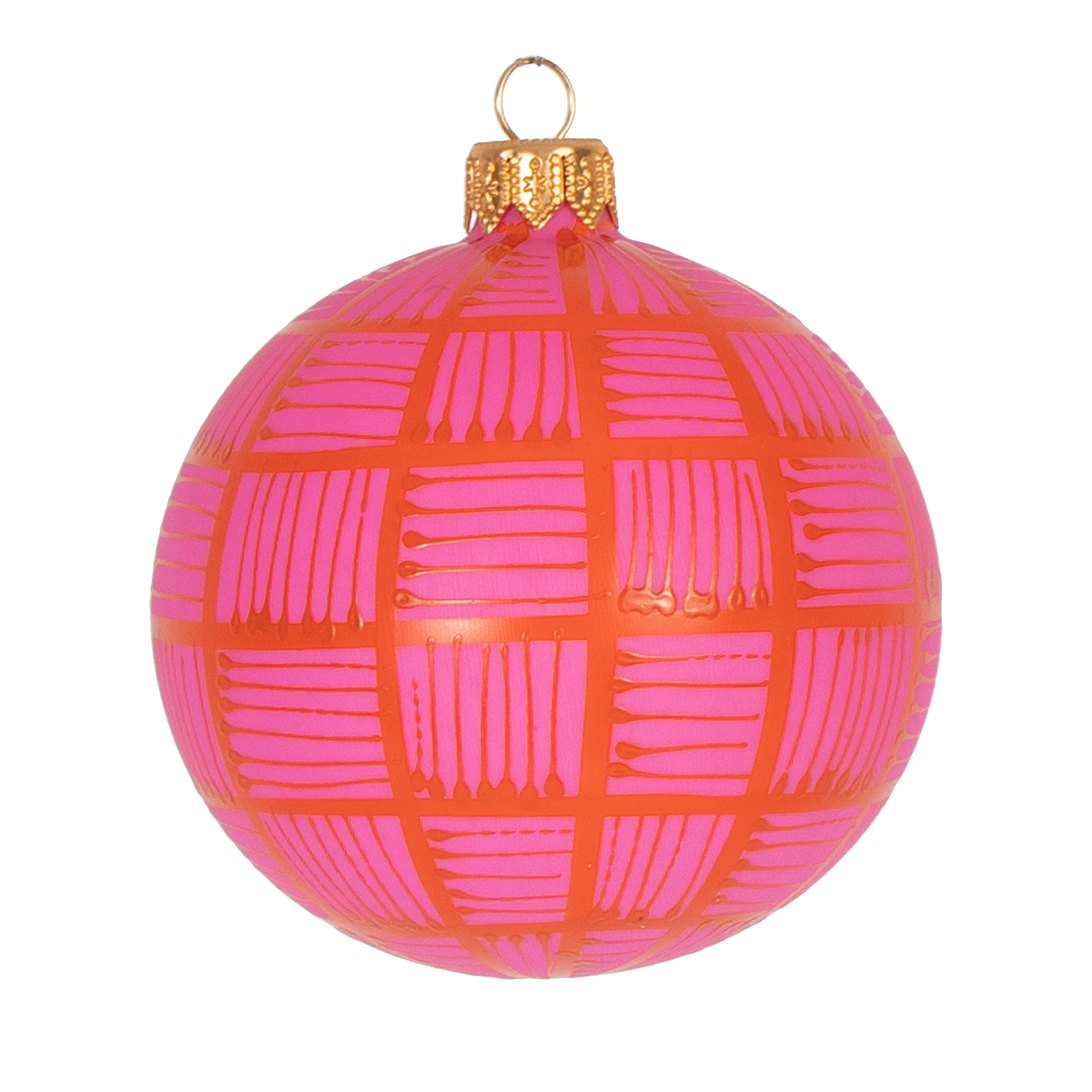 Lines Glass Bauble Orange on Pink, 8cm